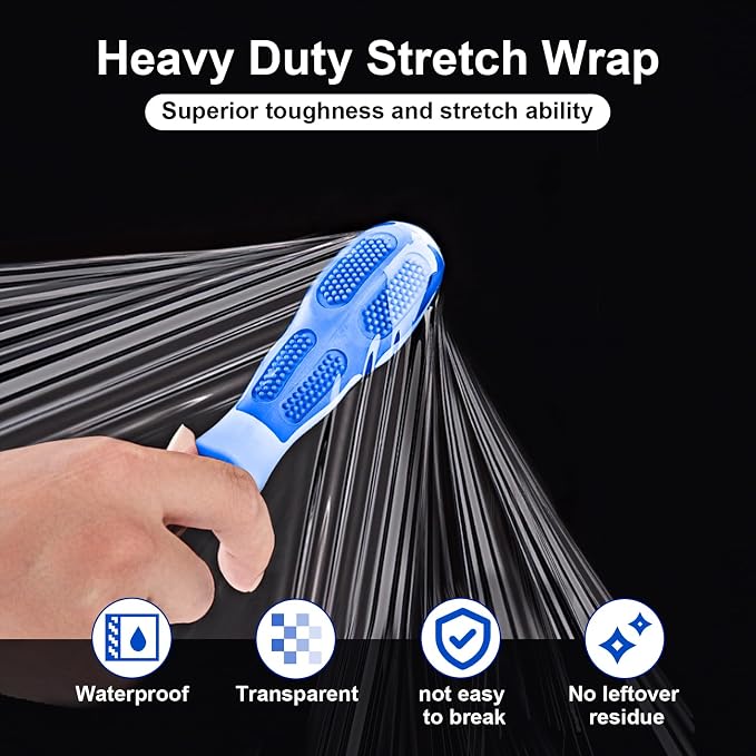 Stretch Film, RAZCC Stretch Wrap Industrial Strength, Shrink Wrap for Pallet Wrap, Heavy Duty Clear Plastic Wrap with Handles, Moving Wrapping Plastic Roll, 15" x 1000 Ft Per Roll, 60 Gauge, 4 Pack