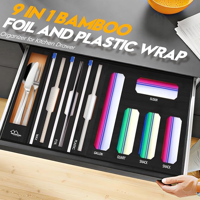 9 in 1 Foil and Plastic Wrap Dispenser with Cutter, Black Bamboo Ziplock Bag Organizer for Drawer - Holds Gallon, Quart Bags & Aluminum Foil/Wax Paper, Wall Mountable Kitchen Storage