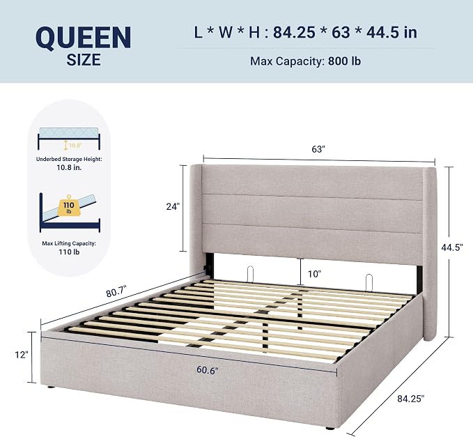 Allewie Queen Size Lift Up Hydraulic Storage Bed Frame Light Beige | Modern Wingback Headboard, Hydraulic Support Storage, No Box Spring Needed