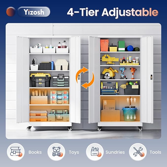 Metal Garage Storage Cabinet with Locking Doors and Adjustable Shelves,- 75" Rolling Steel Tool Cabinet for Home Office,Garage,Warehouse