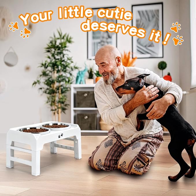 COMESOON Elevated Dog Bowls, 4 Height Adjustable Raised Bowl Stand with 2 Thick 50oz Stainless Steel Food Bowls Non-Slip Feeder Adjusts to 3.7'', 9.2'', 10.75'', 12.36'' White
