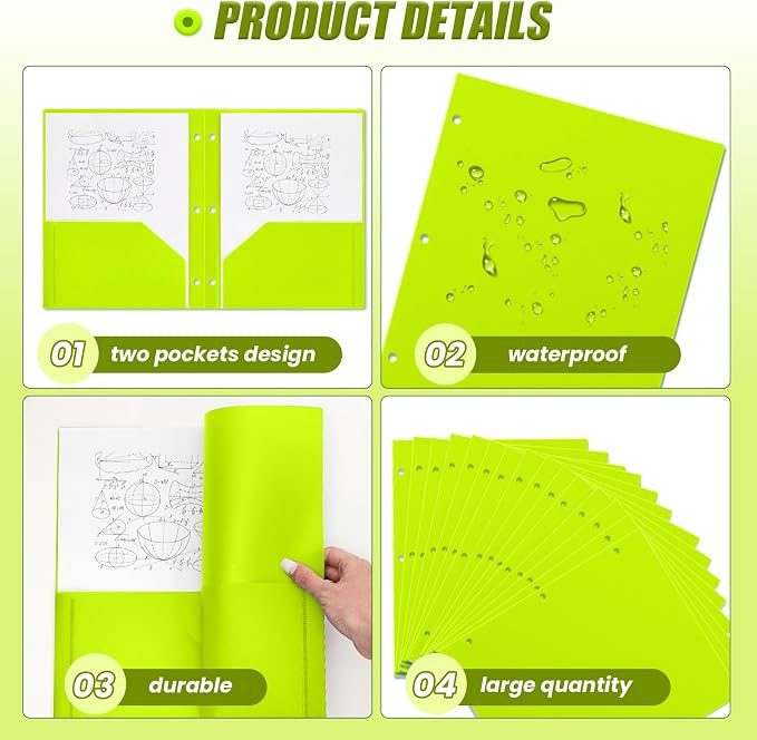 Yeaqee 72 Pcs Plastic Folders with Pockets Bulk 3 Hole Punched 2 Pocket File Folders for 3 Ring Binder Divider Folder for Notebooks, Durable Poly for Office Home (Neon Green)