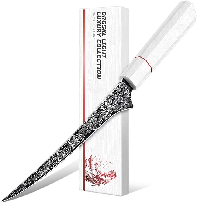 DRGSKL Damascus Fillet Knife 7 Inch - VG10 Razor Sharp Slicing Knife | Japanese VG10 Core, Black Anti-corrosion Coating, Damascus Blade, G10 Handle, Gift Box, Wet Edge Grinding Technology