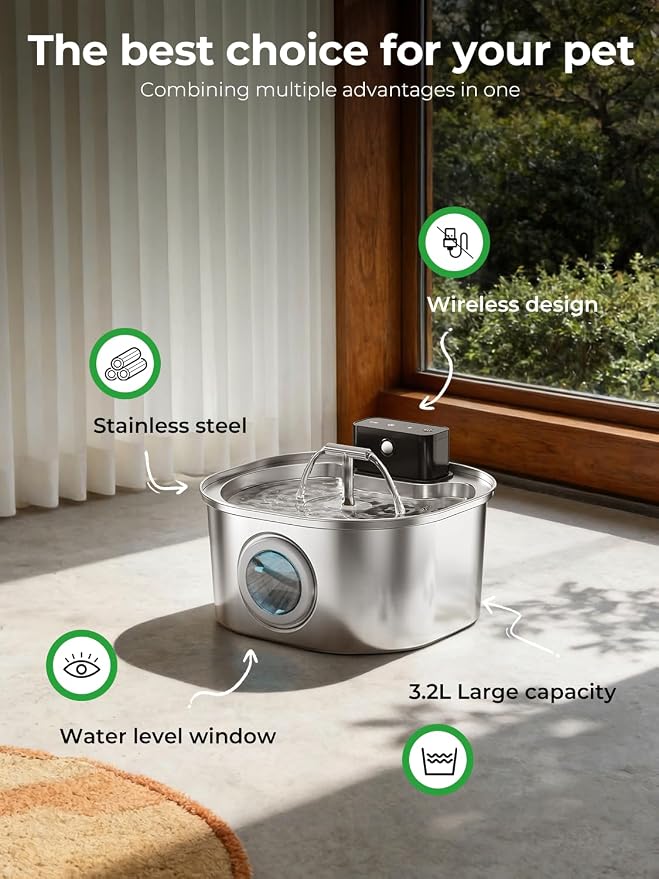 Voluas Stainless Steel Cat Water Fountain, Wireless, 108oz/3.2L, 4Filter | Cordless Design, T-Shaped Dual Water Outlet, Ultra-Quiet Pump, BPA-Free