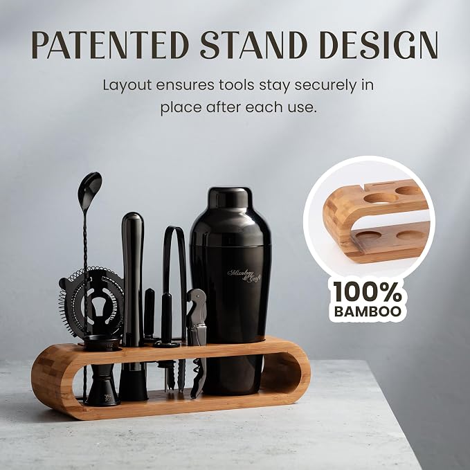 Mixology & Craft Cocktail Shaker Set with Bamboo Stand - Professional 10-Piece Bartender Kit - Complete Bar Set & Cocktail Mixer Kit for Home (Gun-Metal)