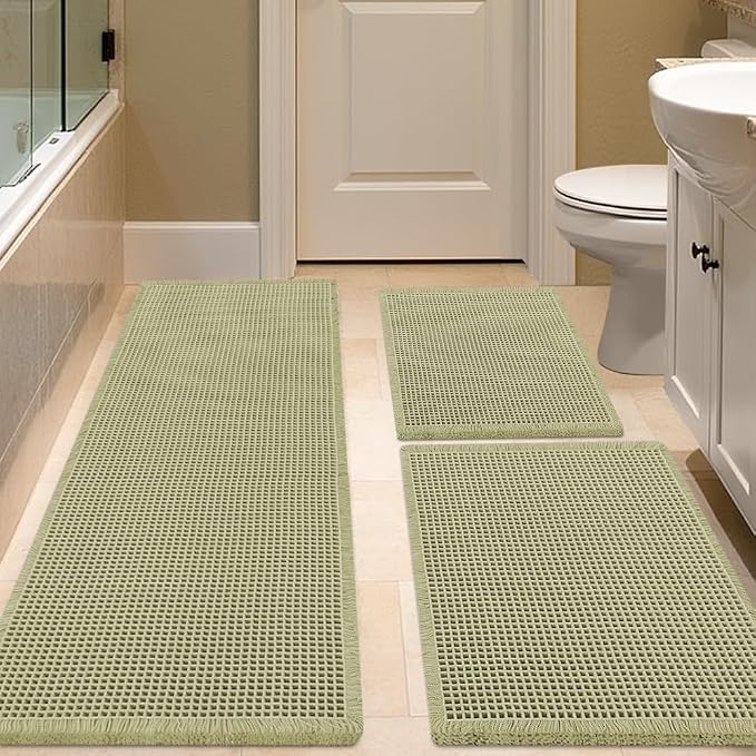 IM HOME Waffle Bath Mat Set 3 Piece Green,Woven Modern Bath Rug Mats, Absorbent Non Slip Bath Floor Mat, Soft Washable Boho Bath Rugs with Tassels for Bathroom, Bedroom, Kitchen, Tub