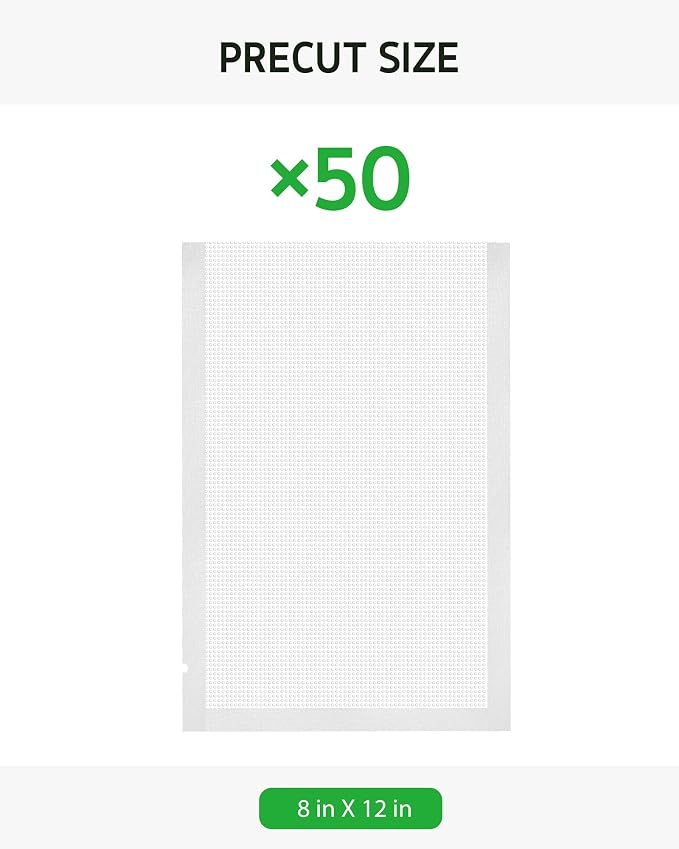 Syntus 50 Pcs Vacuum Sealer Bags for Food, Quart Size 8x12, BPA Free | Precut Bags, Sous Vide Microwave Freezer Safe, Meal Prep, Food Vacuum Storage, For All Vacuum Sealers