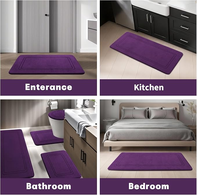 YIHOUSE Memory Foam Bath Mat Set, Bathroom Rugs Sets 2 Pieces, Non Slip Bath Mats for Bathroom, Super Soft and Water Absorbent Bath Rug Set, Machine Washable U Shape Rug,Purple