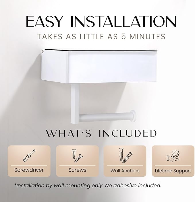Day Moon™ - Toilet Paper Holder with Shelf - Modern Roll Holder for Bathroom - 1 Pack - Wall Mount - with Storage, White