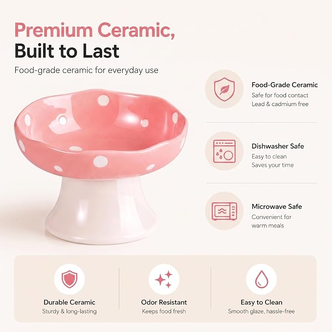 Pink Mushroom Cat Bowl, Elevated Ceramic Feeding Bowl | Elevated, Ceramic, Tilted Design, Whisker-Friendly, Dishwasher Safe, cute