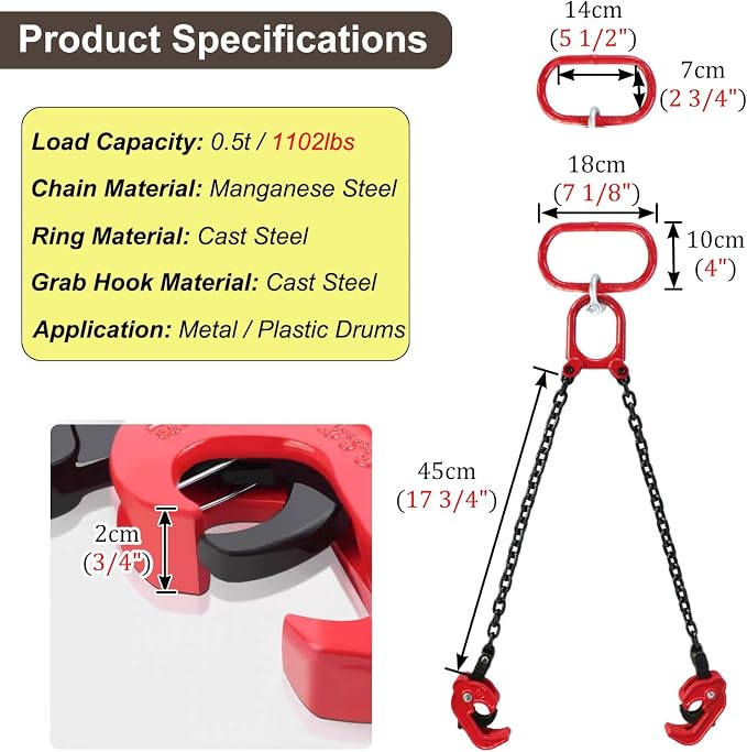 Updated Chain Slings Lifting Clamp, Drum Lifter Handling Equipment with 2 Leg Grab Hooks, Barrel Lifting Tongs for Engine Hoist/Forklift