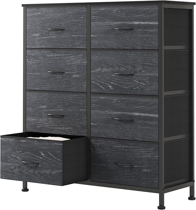 OLIXIS 8 Drawer Dresser TV Stand, Entertainment Center, Media Console Table with Metal Frame and Wood Top,Chest of Drawers for Bedroom, Living Room, Black Wood Grain