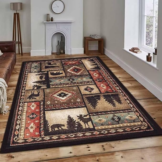 Lodge Native Cabin Style Rustic Area Rug for Living Room Non-Slip Multicolor Bohemian Moroccan Bear Floor Carpet Sofa Decor Moose Deer Mat 6'x9'