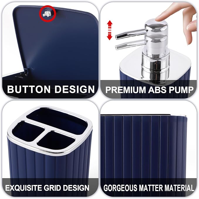 XLHOMO Bathroom Set with Shower Curtain and Rugs- 25PC Bathroom Accessory Set, Navy Blue Shower Curtain Set, Toilet Brush, Trash Can, Qtip Holder & Soap Dispenser