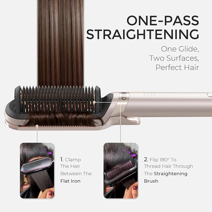 TYMO Flat Iron Hair Straightener Brush 2 in 1, 200M Ions Hair Straighteners for Women, Ceramic Straightening Hot Comb for Anti-Frizz Straights, Waves, Curl, 3X Less Heat Damage, Dual Voltage, Gold