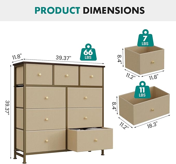 OLIXIS 9 Drawer Storage Dresser with Wood Top - Wide Fabric Chest Organizer for Bedroom, Closet, Living Room,Tower Cabinet, TV Stand, Hallway Entryway Furniture,Khaki