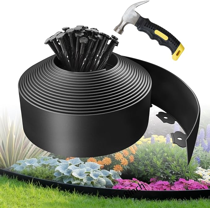 Kryonix 4 in x 33 ft Landscape Edging with Stakes | Flexible plastic no-dig garden edging with 30 stakes. Easy install for lawns, flower beds & landscaping.