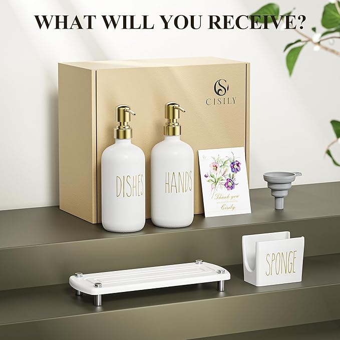 Cisily Kitchen Soap Dispenser Set Comes with Ceramics Sponge Holder, Gold Pumps, and Instant Dry Tray, Hand and Dish Soap Dispenser Set, Kitchen Decor and Accessories for Countertop Organizer