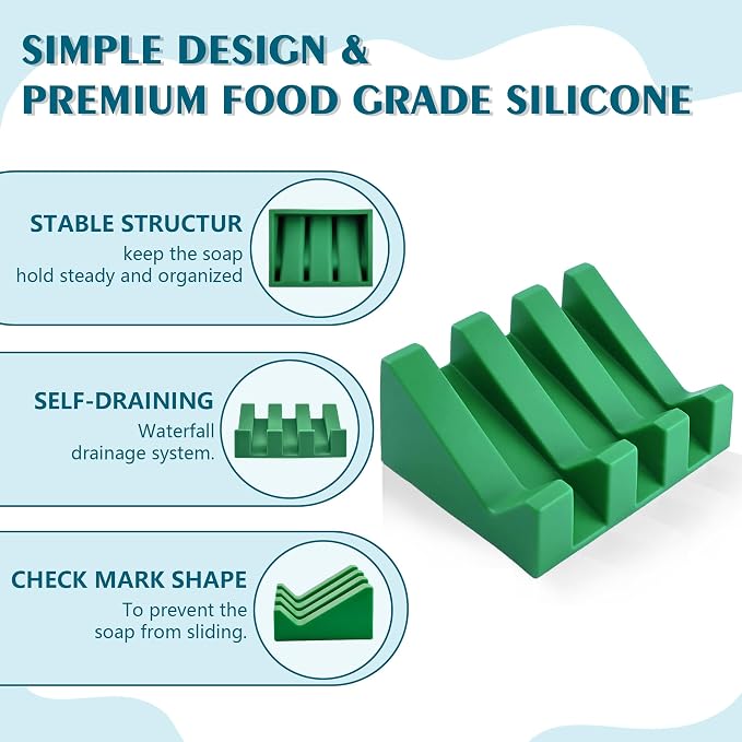 Self Draining Soap Dish Holder,Silicone Soap Dish,for Bathroom,Kitchen, Sponges，Can Extend Soap Life，Keep Soap Bars Dry and Easy Cleaning (Deep Green,2-Pack)