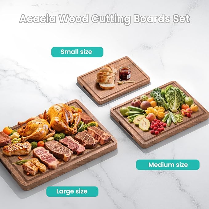 Acacia Wood Cutting Boards Set 3-Piece with Juice Groove & Handles | Charcuterie Chopping Board for Kitchen Meat Cheese Fruits Vegetables Heavy Duty Slip Solid Thick Gift