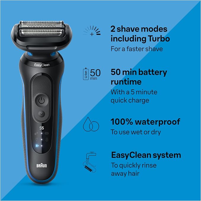 Braun Electric Shaver for Men, Series 5 5150cs, Wet & Dry Razor, Turbo Shaving Mode, Foil Shaver, with Beard Trimmer, Body Groomer and Charging Stand, Blue