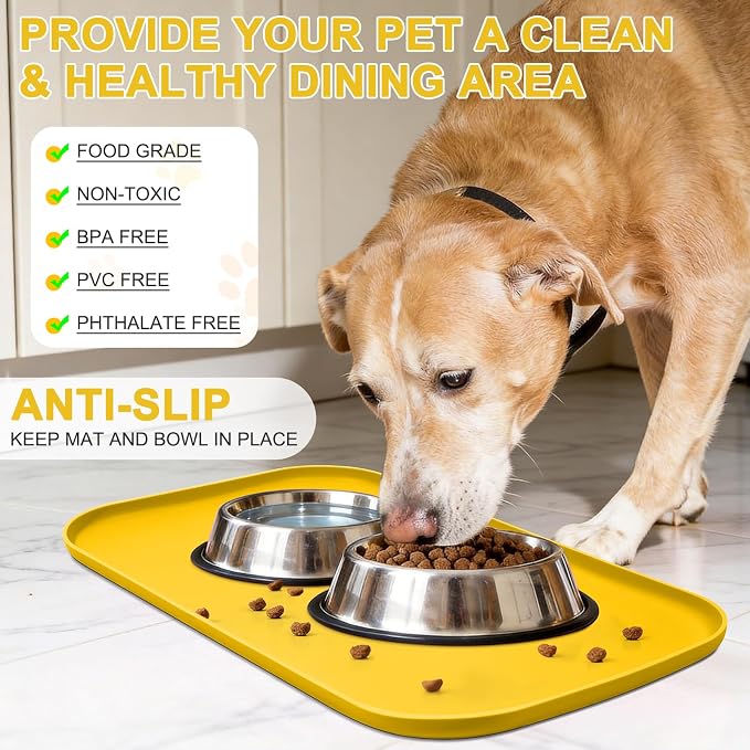 SMILOOL Waterproof Silicone Pet Food Mat with Raised Edge for Dog & Cat | 24" x 16" Non-Slip Pet Feeding Mats with Lip for Food & Water Bowl, Food Grade, Easy Cleaning, Vivid Yellow