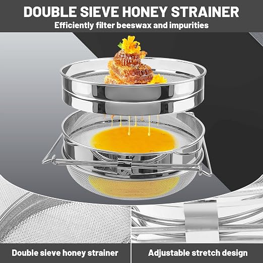 2 Sets Honey Strainer Stainless Steel Double Sieve Honey Filter Strainer Honey Extractor Equipment for 5 Gallon Bucket Bee Keeping Equipment Tools