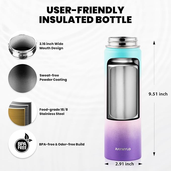 RAYMYLO Insulated Water Bottle 20 oz, Triple Wall Vacuum Stainless Steel (Cold for 24Hrs, Hot for 12Hrs), Leak Proof & Non-BPA, Modern Water Bottle Jug for School with Straw Spout Lids