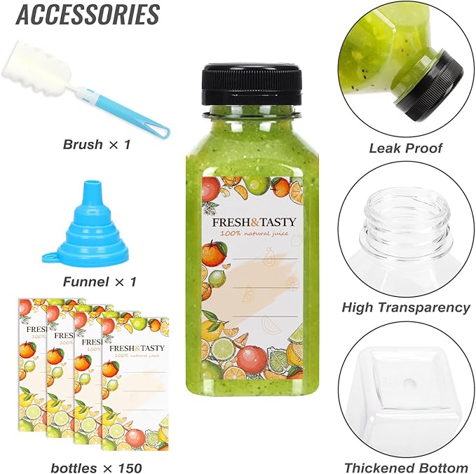 TOMNK 150pcs 8oz Plastic Juice Bottles with Caps Empty Reusable Clear Bottles with Label, Funnel and Brush Beverage Containers Bulk with Lids for Juicing, Smoothies, Fridge