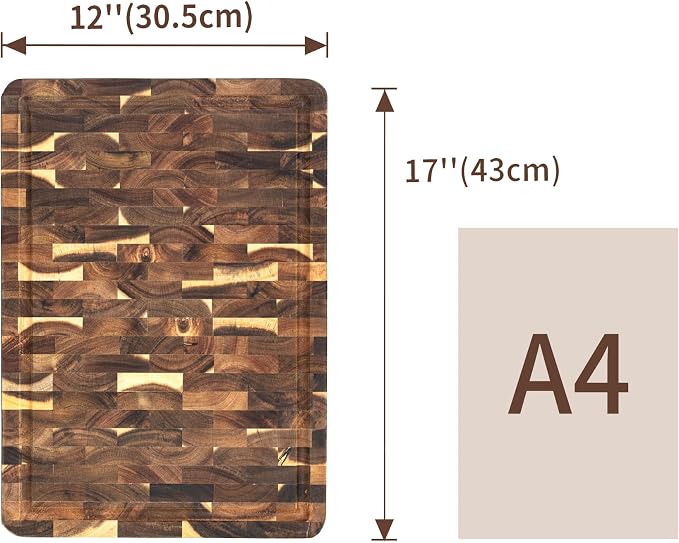 Utoplike Acacia Cutting Board 17 x 12 in, Chopping Boards with Juice Groove | Wood End Grain Reversible Butcher Block with Handles for Meat, Vegetables, Bread, 1.38"Th