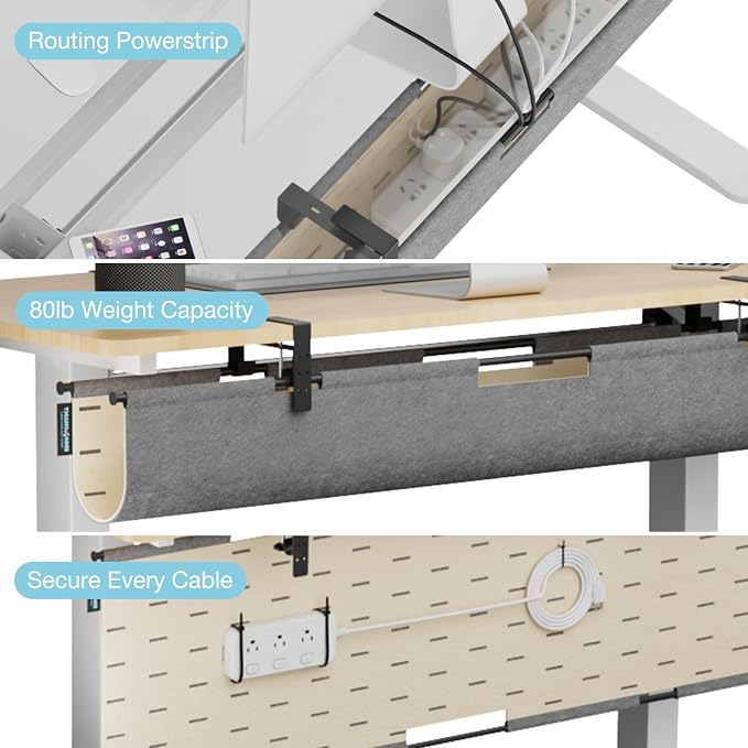 No Drill Under Desk Cable Management Tray, 45.2" Felt Cord Organizer | Convertible Cable Tray & Privacy Panel, Clamp or Screw Mount, Pegboard Wire Management, Dual-Layer Felt, Standing Desk