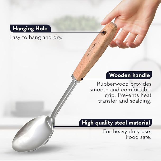Home Hero Stainless Steel Kitchen Utensils Set - Wood Handle Nonstick Stainless Steel Cooking Utensils Set - Heat Resistant Kitchen Essentials & Metal Kitchen Gadgets (Silver & Wood)