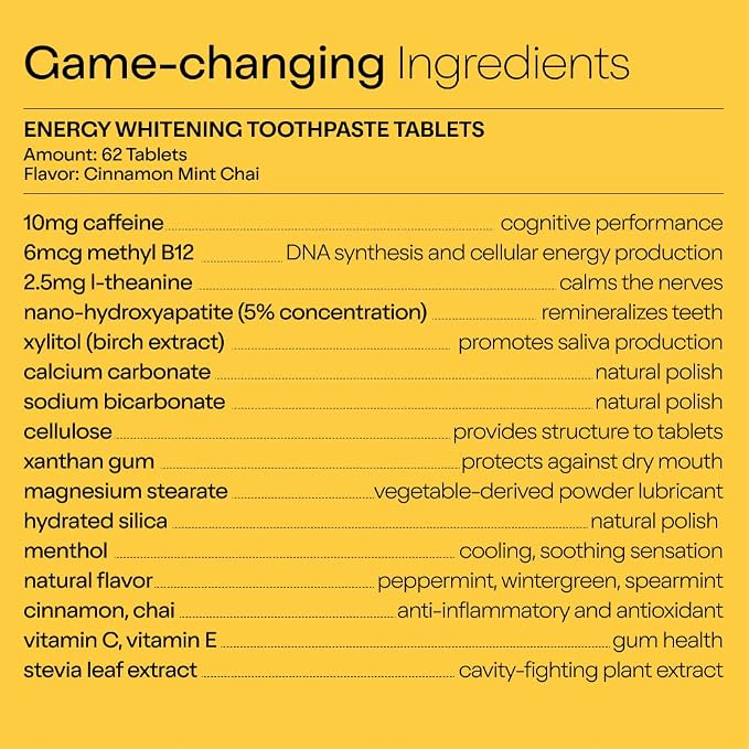 Duo Energy Toothpaste Tablets, Caffeine B12, Nano-Hydroxyapatite, 62 Count | Caffeine + B12, nHa, whitening, remineralizing, sensitivity care, plastic-free, cinnamon mint chai, 62 toothpaste tablets