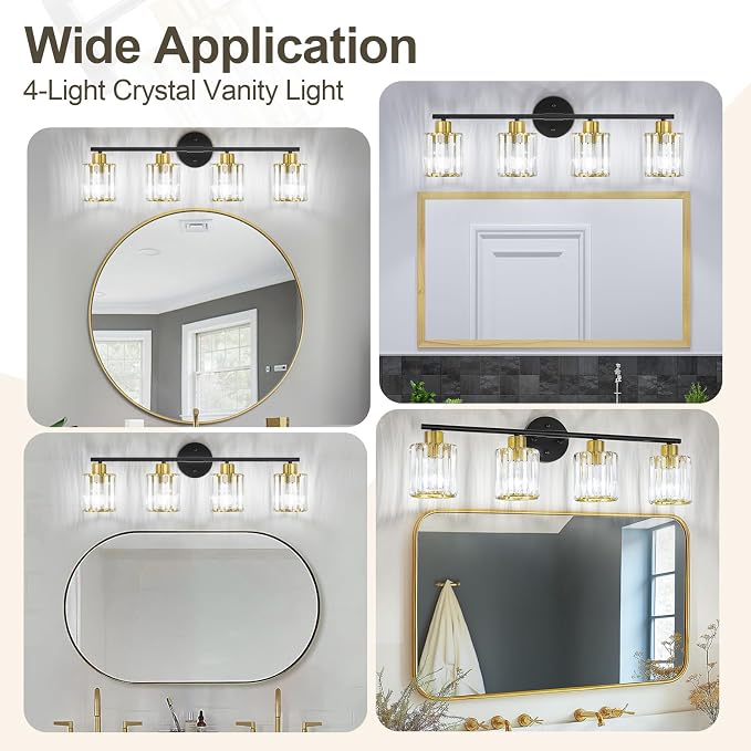Crystal Bathroom Light Fixtures, Bathroom Lighting Fixtures Over Mirror, Modern Black Gold 4-Light Vanity Lights for Mirror, Restroom, Bedroom (Ceramic E26 Socket,Bulbs Not Include)