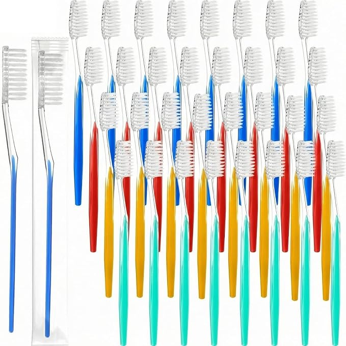 Patelai 700 Pcs Disposable Travel Toothbrush Bulk Individually Wrapped Toothbrush Pack Medium Soft Bristle Manual Disposable Colorful Tooth Brush for Adult Work Travel Hotel Donation (Classic)