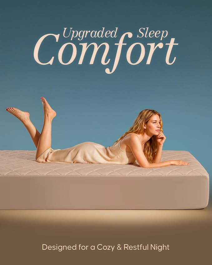 Quilted Fitted Mattress Pad, Full Mattress Protector Topper with Deep Pocket Stretches up to 16 Inches, Machine Washable Mattress Cover by Utopia Bedding (Beige)