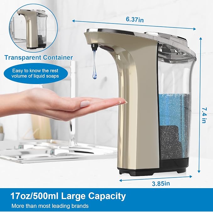 PZOTRUF Automatic Soap Dispenser, Touchless Dish Soap Dispenser 17oz/500ml with Infrared Sensor, 5 Adjustable Soap Dispensing Levels, Liquid Hand Dispenser for Bathroom Kitchen Sink(Champagne Gold)