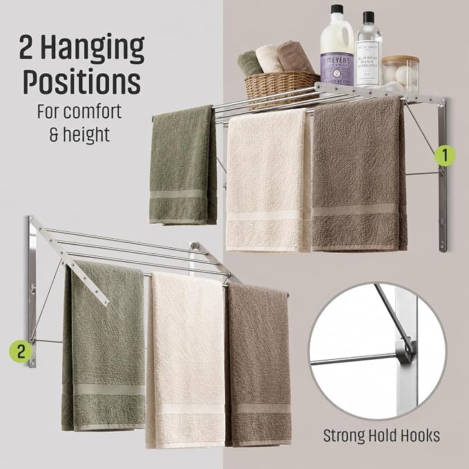 Smartsome | Wall Mounted | Clothes Drying Rack| 22" Wide |15 Linear Feet Capacity | 8 Smooth Round Stainless Steel Rods | 60 lb Capacity | Fully Assembled | Compact Sturdy Space-Saving Design