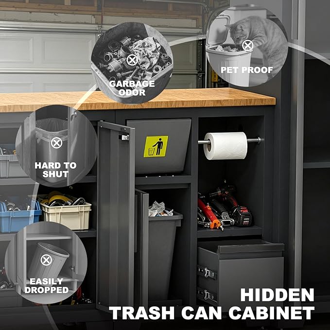 Torin Garage Storage Cabinets System, 12-Pcs Workshop Cabinet Set in Black | Trash Can Cabinet and Steel Cabinets Drawers Rolling Chest, Locked Storage Cabinet, Perfect for Organizing Garage and Tools