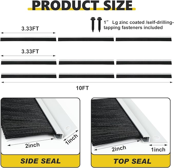 DoubleFill 10 x 10 ft Garage Door Brush Seal Kit, 2 Inch Roll up Door Seal with Aluminum Track, Heavy Duty Nylon Brush for Commercial Doors, Warehouse Barn, Energy Saving, Pest Proof, Black