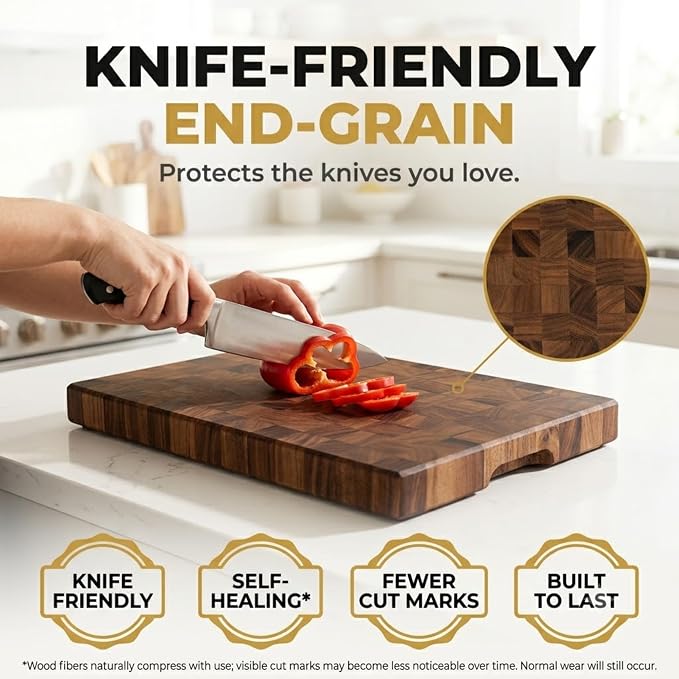 SHUMARU 17.3 × 12.6 × 2" End Grain Cutting Board, Professional Family Size Butcher Block, Thick Exotic Heartwood Chopping Block, Knife-Friendly Wood Cutting Board with Side Handles & Non-Slip Feet
