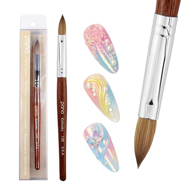 PANA Pure Kolinsky Hair Acrylic Nail Brush - Oval Crimped Mahogany Wood Handle (Size 12)
