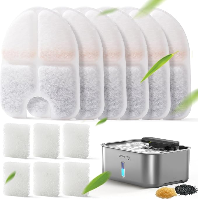 FEELNEEDY 6 Packs Dog Water Fountain Filters & 6 Packs Pump Filters Sponges Replacement, Pet Water Fountain Filter for 3.5Gal/13L Dog Water Dispenser (FN-W13)
