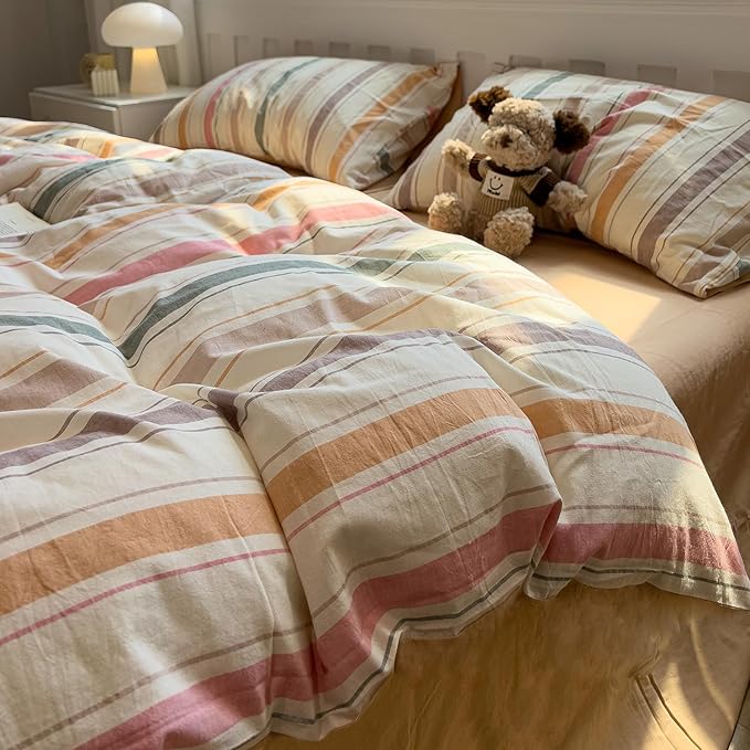 mixinni Vintage Striped Duvet Cover Set Queen, 3-Piece 100% Washed Cotton Bedding Set - Soft & Breathable Colorful Comforter Cover with Zipper, All-Season Lightweight Bed Set for Cozy Home