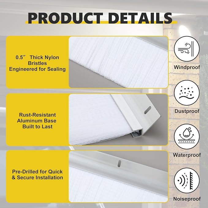 DoubleFill 10 x 10 ft Garage Door Brush Seal Kit, 3 Inch Roll up Door Seal with Aluminum Track, Heavy Duty Nylon Brush for Commercial Doors, Warehouse Barn, Energy Saving, Pest Proof, White