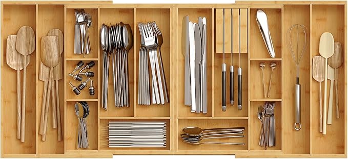 HOOBRO Large Silverware Organizer Kitchen Drawer Organizer, Magnetic Connected Expandable Utensil Organizer From 22 to 35 Inches, Bamboo 16 Slots Cutlery Tray with Knife Holder, Natural YL07TL01