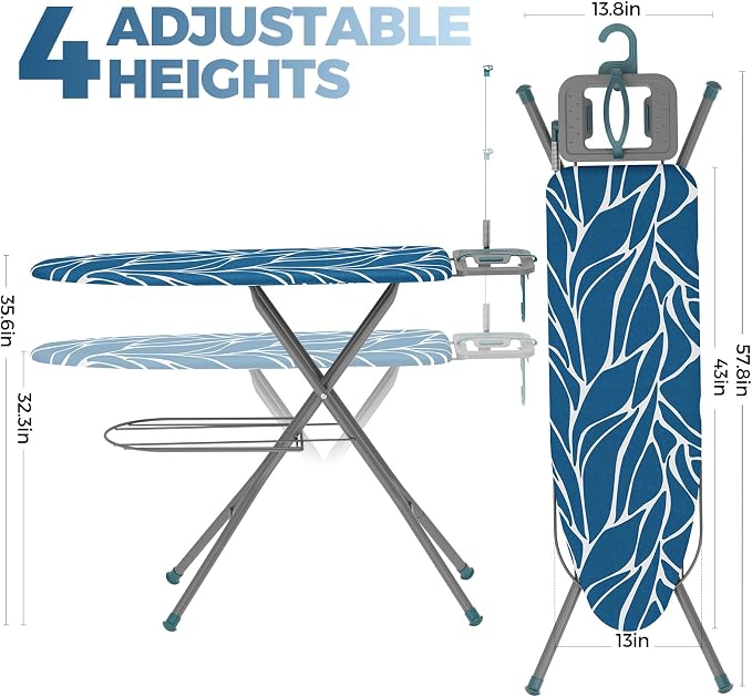 APEXCHASER Ironing Board Standard Size, Iron Board and Ironing Board Set Height Adjustable, Foldable Ironing Boards Standard Size, Iron Table Stand with Iron Rest and Garment Rack, 13" x 43" Blue