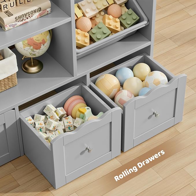HITHOS 55" W Kids Toy Storage Organizer with 10 Toy Box & Book Shelf, Gray | Large Toy Organizers and Storage with Kids Bookshelf & 6 Plastic Toy Chests & 4 Movable Drawers for Kids Room, Playroom