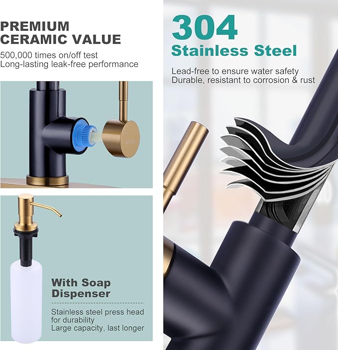 Black and Gold Kitchen Faucet with Soap Dispenser, WOWOW Stainless Steel Kitchen Sink Faucet Single Handle High Arc Utility Sink Faucet for Sink, RV, Laundry, Bar