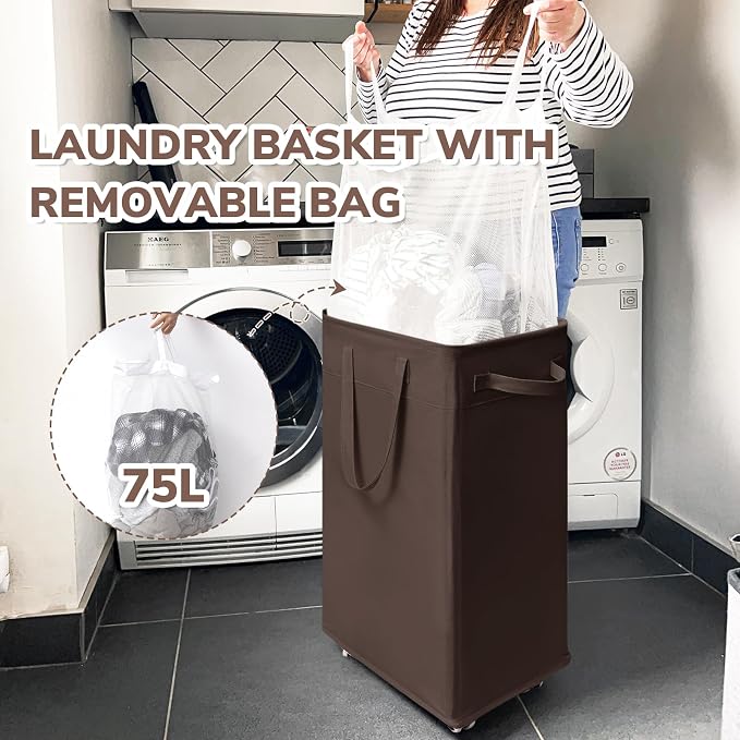 CHICVITA Rolling Laundry Hamper with Wheels, 75L Clothes Hampers for Laundry and Removable Wash Bag, Large Laundry Basket for Living Room, Coffee